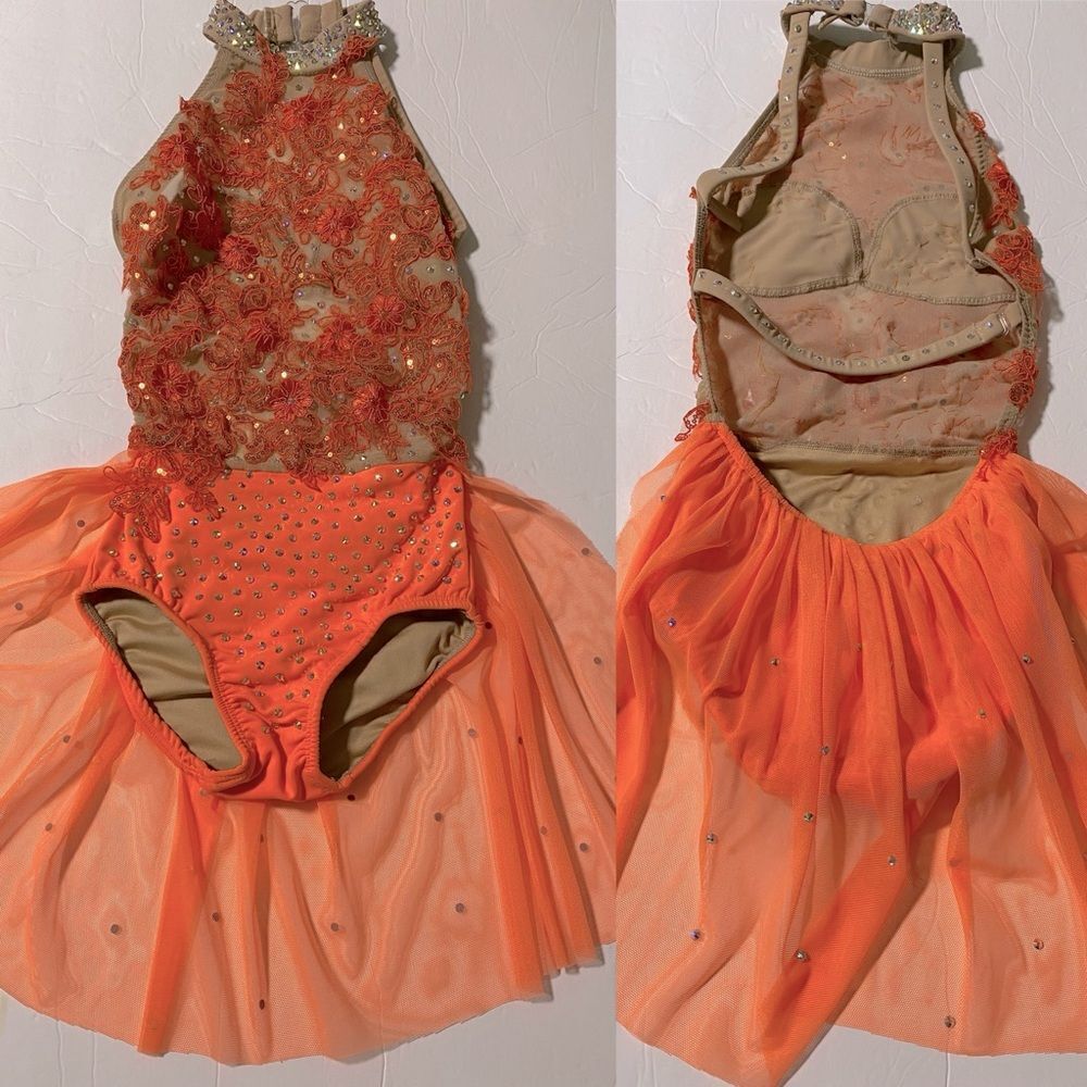 Custom made solo dance costume orange dress leotard illusion lyrical child 8